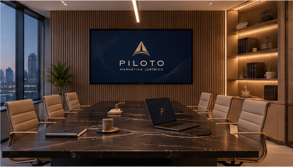 Sala de reunião com a marca da Piloto na tela e a mesa de pedra escura