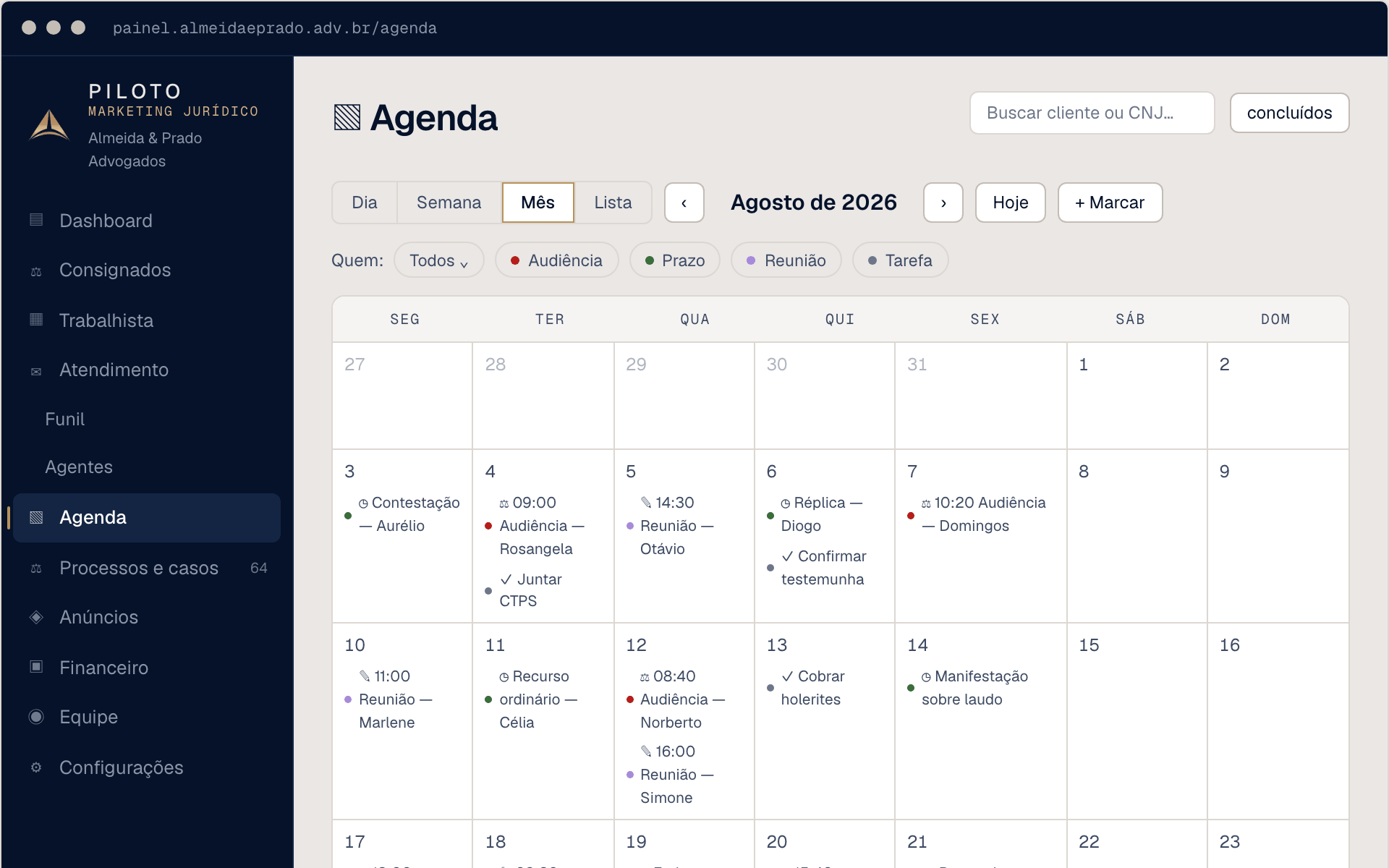 Agenda do escritório com audiências, prazos e reuniões, uma cor por pessoa